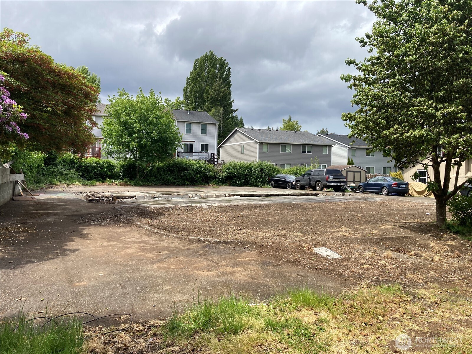 a front view of a house with a yard and large trees