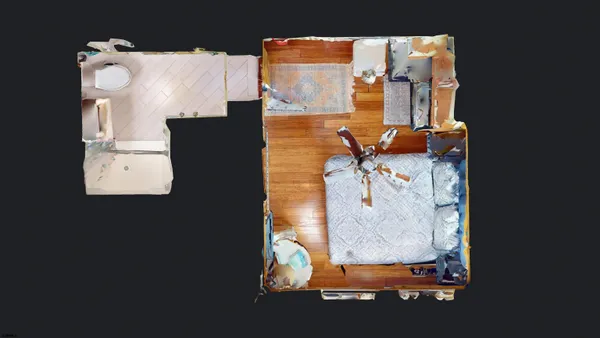 an aerial view of a house with a swimming pool view