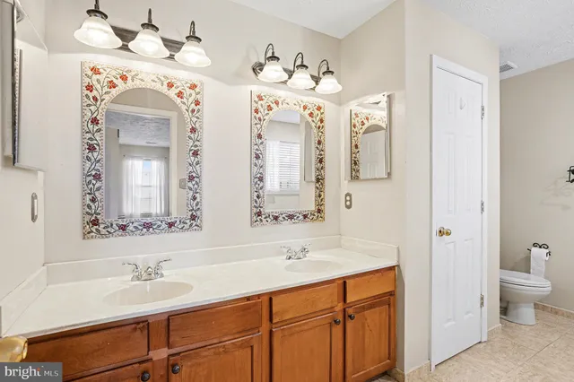 a bathroom with a double vanity sink mirror and toilet