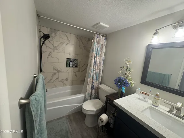 a bathroom with a sink toilet and shower