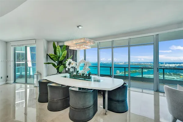a view of a dining room with furniture window and outside view