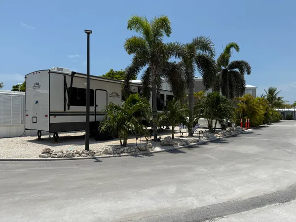 a front view of a house with palm trees