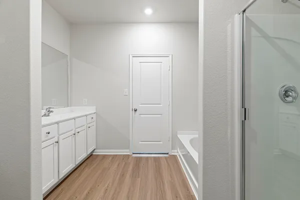 a bathroom with a sink a mirror and a shower