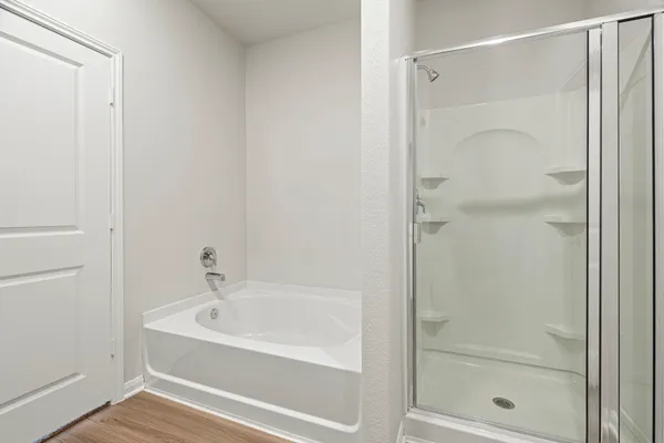 a bathroom with a bathtub and a shower