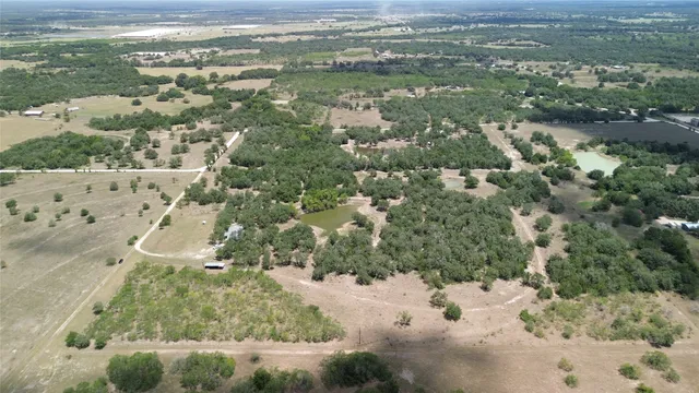 an aerial view of a forest with houses