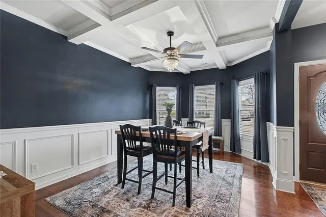 a view of a dining room with furniture