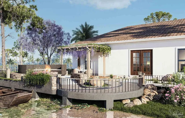 a view of a patio with a table and chairs