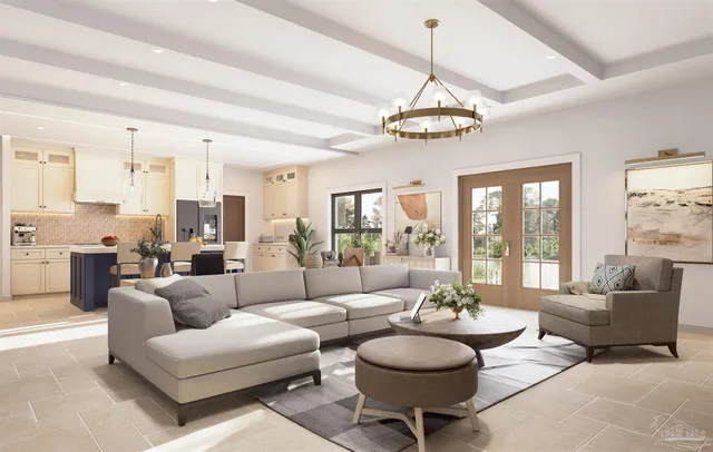 a living room with furniture a chandelier and a dining table with wooden floor