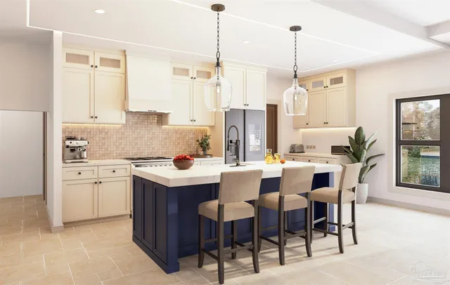 a kitchen with a dining table chairs sink and white cabinets