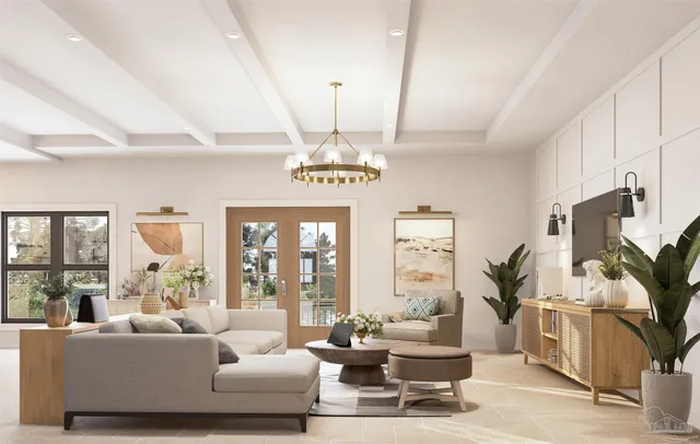 a living room with furniture potted plant a chandelier and a large window