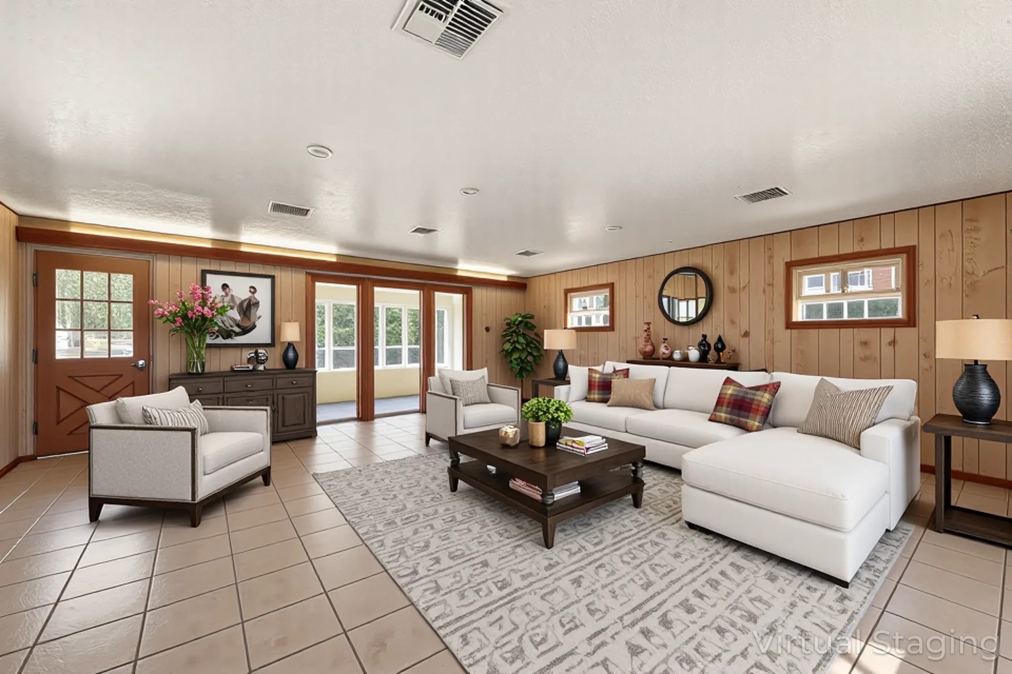 11535 Willis Waukegan Road Conroe, TX 77303 - Photo 5 of 47 This virtually staged photograph showcases a spacious, light-filled living/game room area with warm wood paneling and an abundance of natural light.