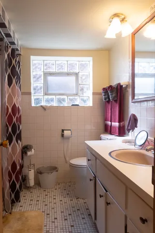 a bathroom with a sink toilet and a mirror