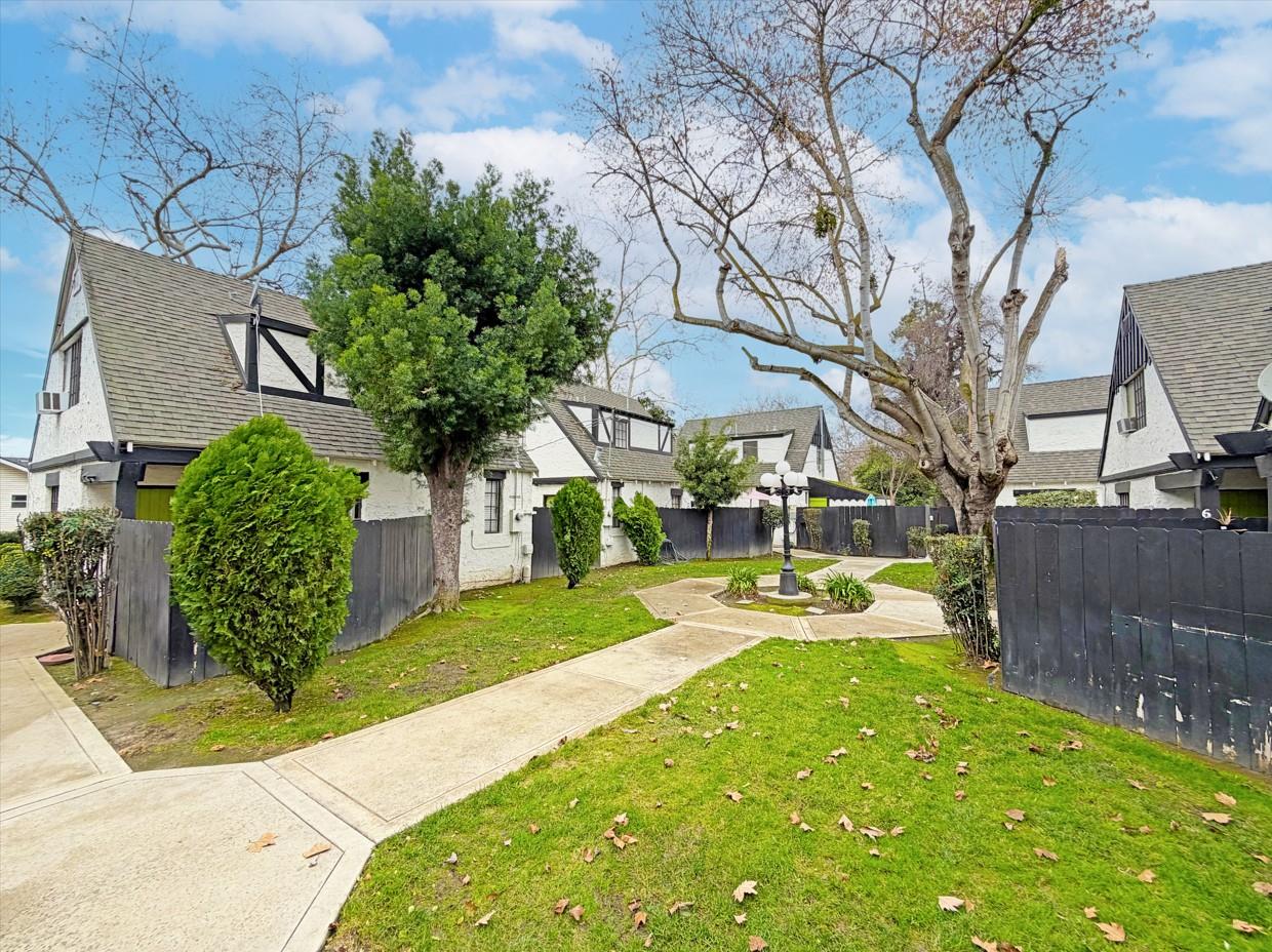 a view of a backyard with a garden and plants