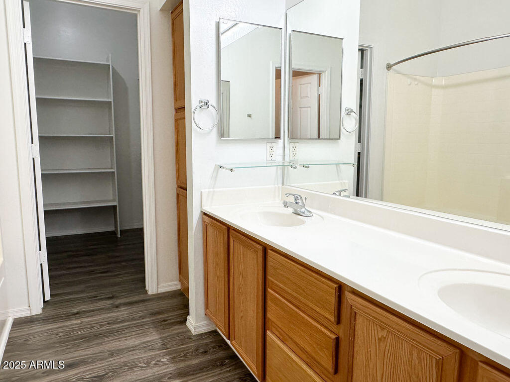 15220 Padres Road Arizona City, AZ 85123 - Photo 13 of 16 a bathroom with a double vanity sink a mirror and a shower