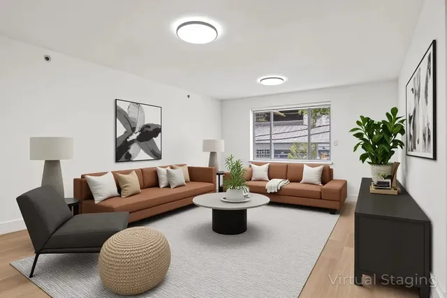 a living room with furniture potted plant and a window