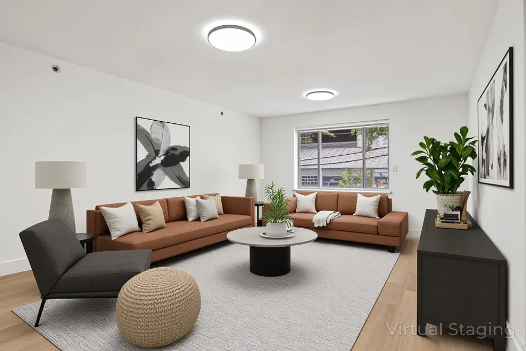 a living room with furniture potted plant and a window