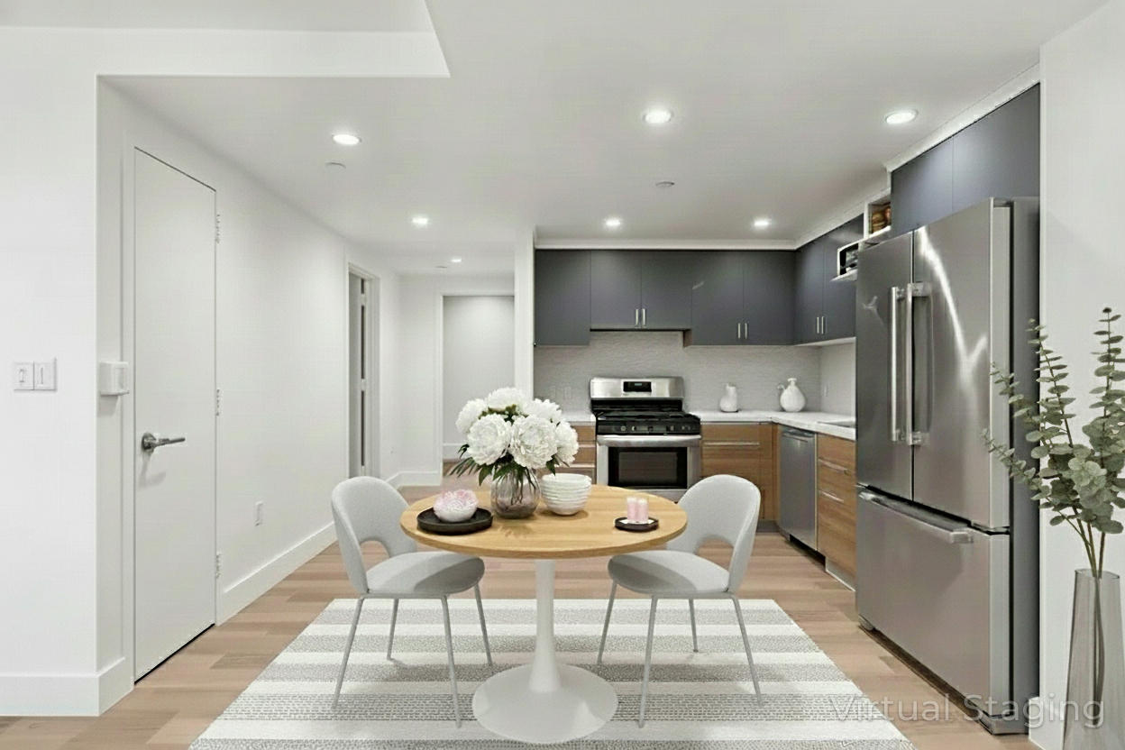 Undisclosed Address Queens, NY 11101 - Photo 4 of 21 a kitchen with refrigerator and chairs