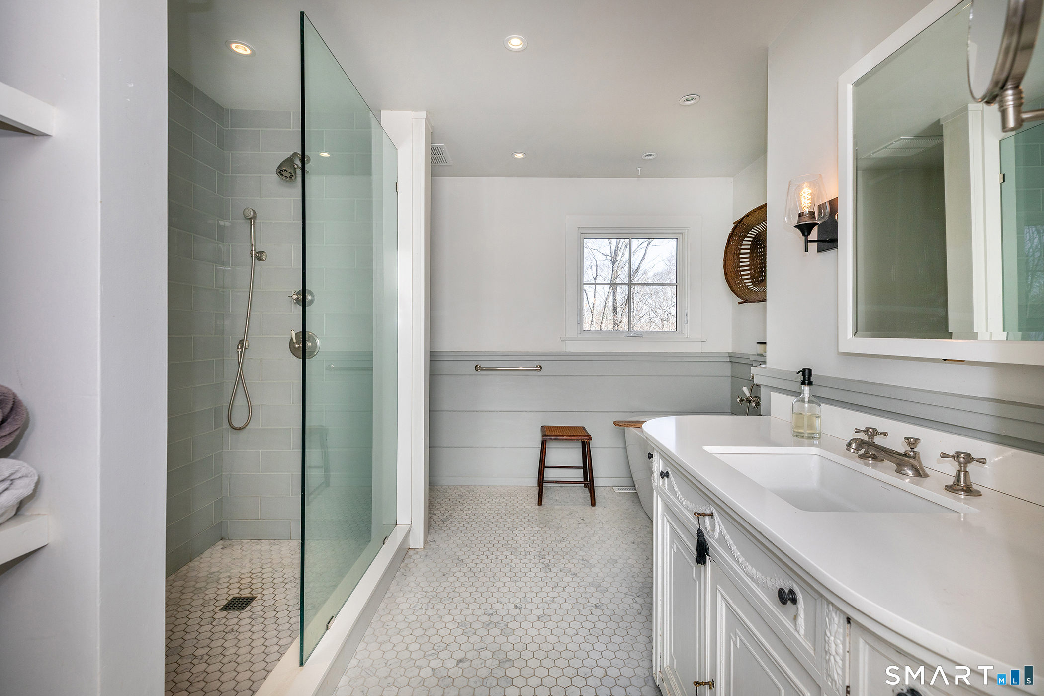9 Old Paddock Lane Kent, CT 06785 - Photo 21 of 28 a bathroom with a double vanity sink mirror and shower