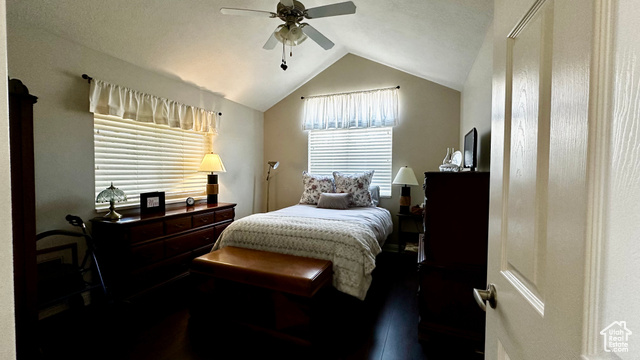 929 West 1920 South, Unit A Syracuse, UT 84075 - Photo 9 of 26 Bedroom with dark wood-type flooring, ceiling fan, and lofted ceiling