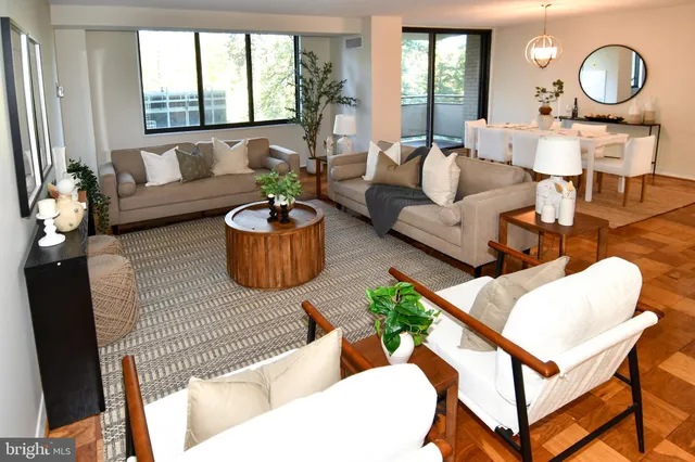 a view of a dining room with furniture