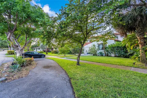 a view of a park with large trees