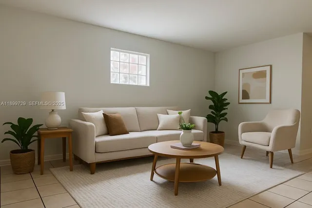 a living room with furniture and a potted plant