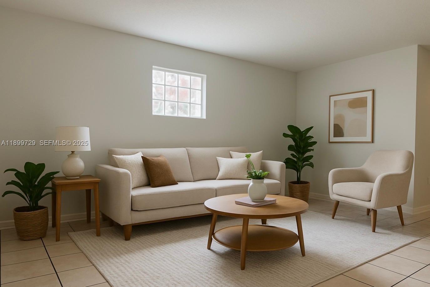 a living room with furniture and a potted plant
