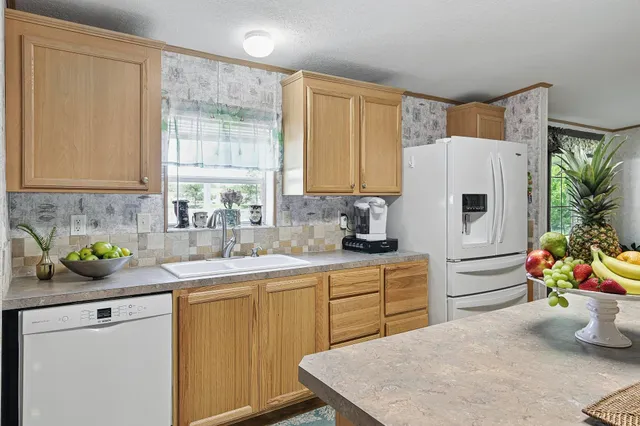a kitchen with a sink a counter appliances and cabinets