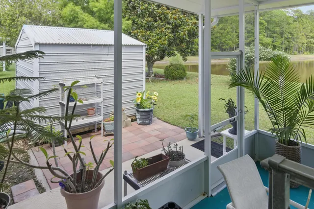 a view of a porch with garden