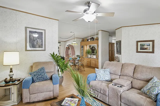 a living room with furniture a chandelier and a couch