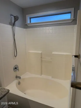 a bathroom with a shower and a bath tub