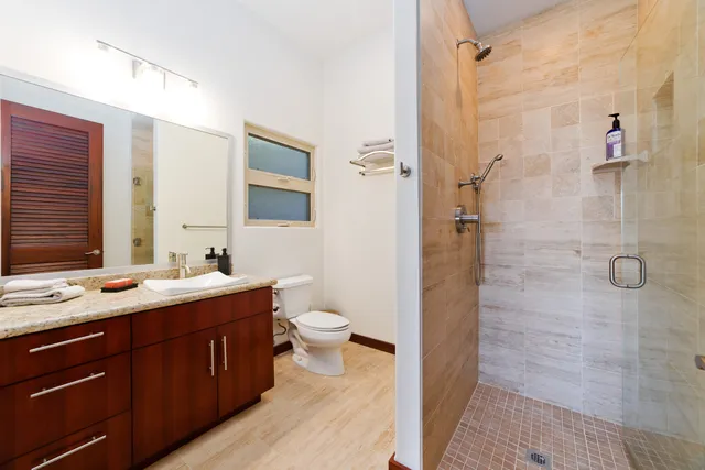 a bathroom with a double vanity sink toilet mirror and shower