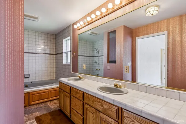 a bathroom with a sink and a large mirror