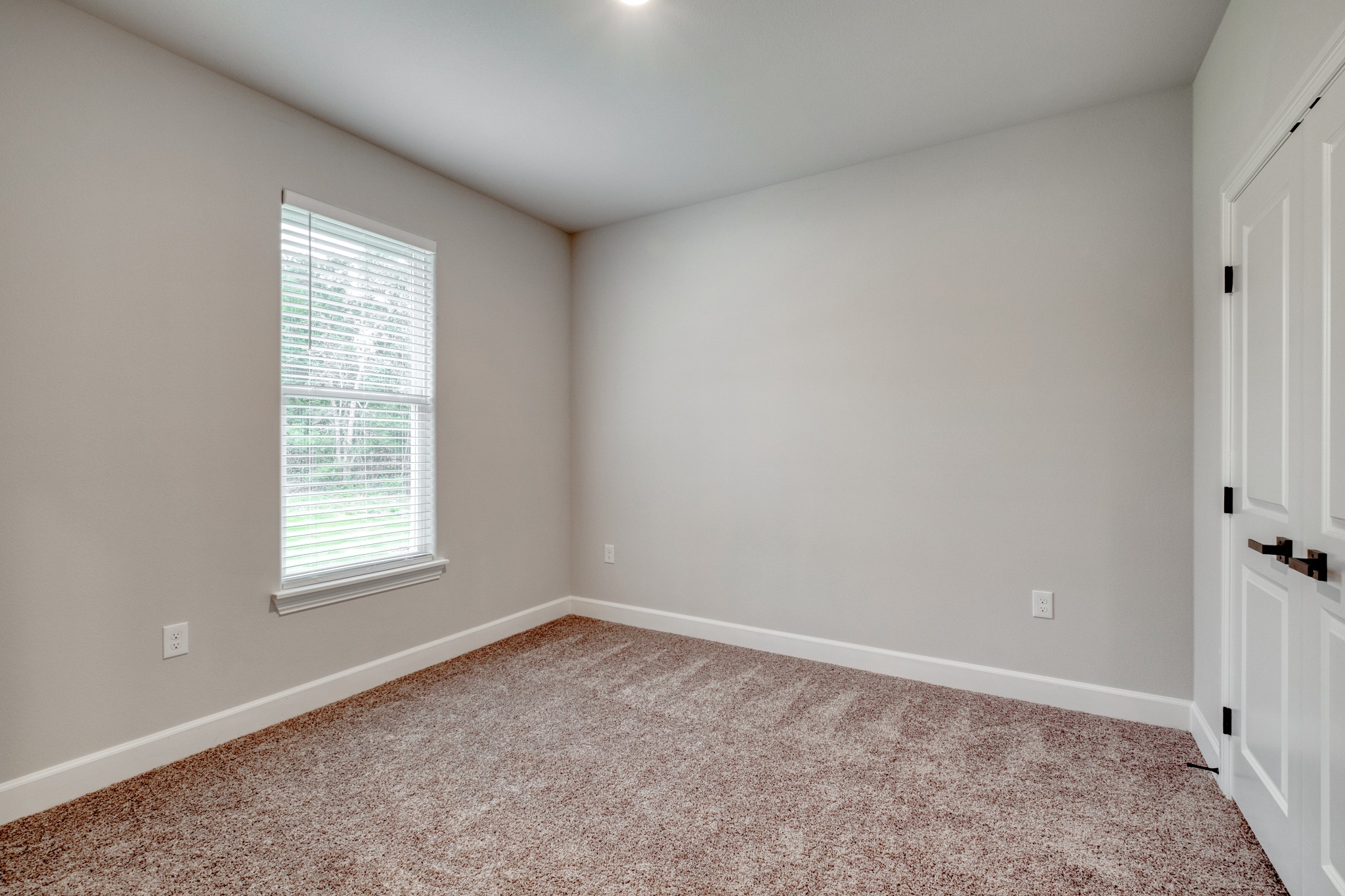 116 Pine Point Cove Elgin, TX 78621 - Photo 20 of 27 Carpeted room featuring a single window with blinds, light gray wall paint, white baseboards, and a white door with dark hardware