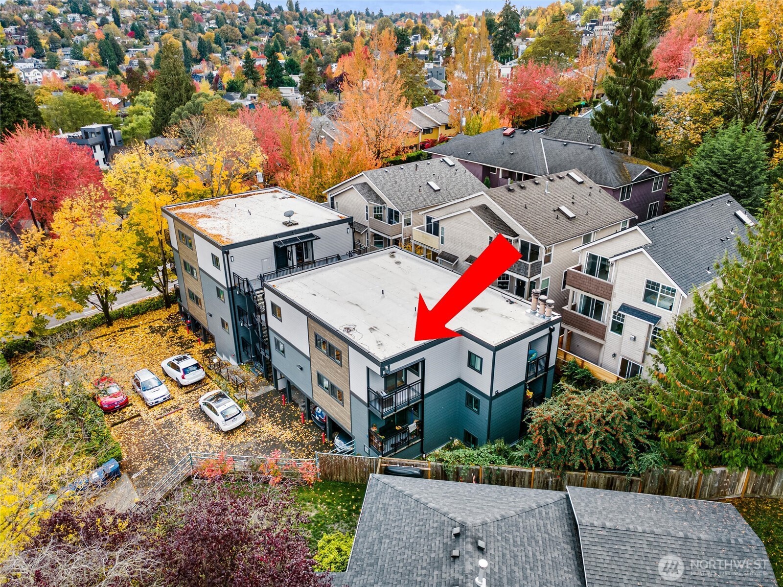 2626 East Madison Street, Unit 11 Seattle, WA 98112 - Photo 27 of 29 an aerial view of a house with a yard and a large tree