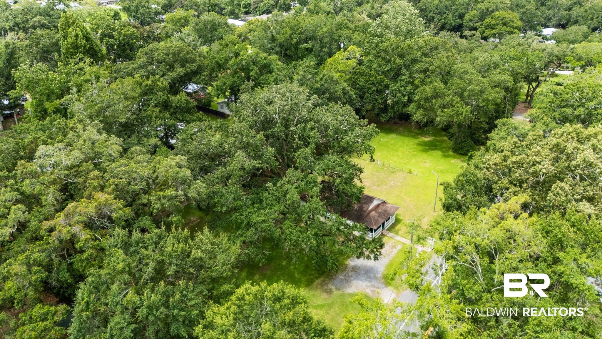 615 West Section Avenue Foley, AL 36535 - Photo 39 of 40 Mature trees frame a secluded property with a white-roofed structure and a verdant clearing
