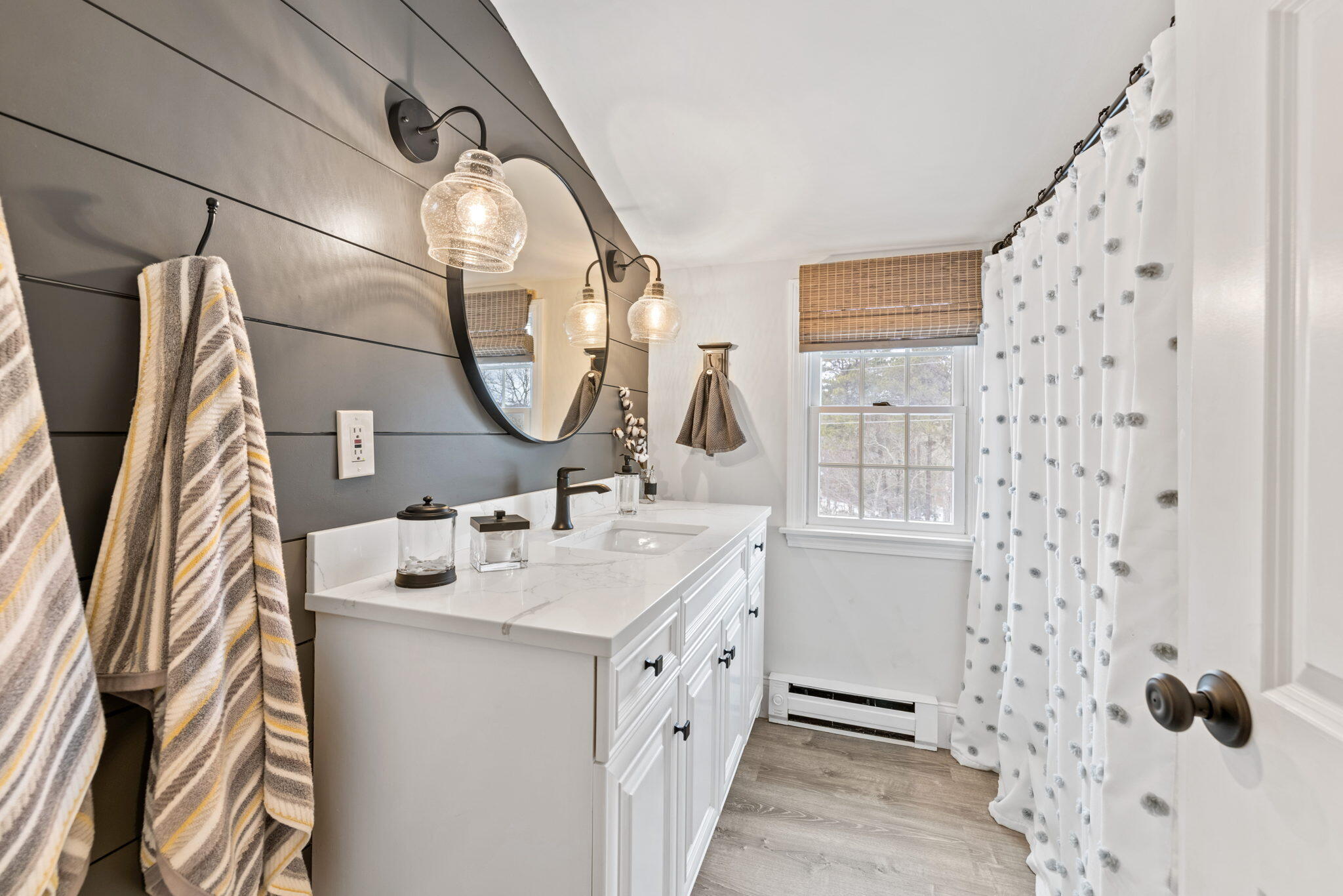 359 Cap'n Lijah's Road Centerville, MA 02632 - Photo 41 of 43 a bathroom with a double vanity sink mirror and shower