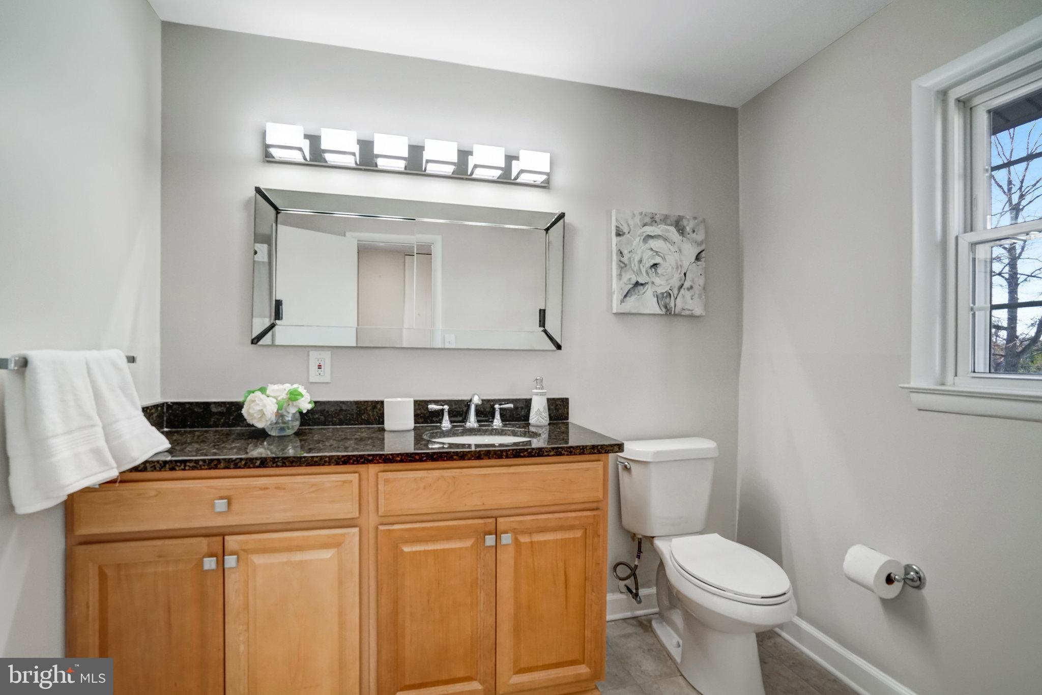 6002 Sherborn Lane Springfield, VA 22152 - Photo 34 of 52 a bathroom with a granite countertop sink vanity mirror and toilet