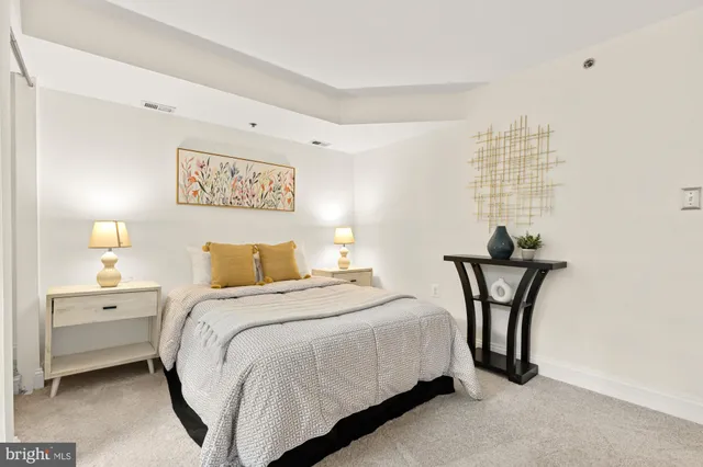 a bedroom with a bed and a closet