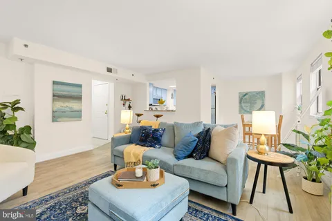 a living room with furniture and a potted plant