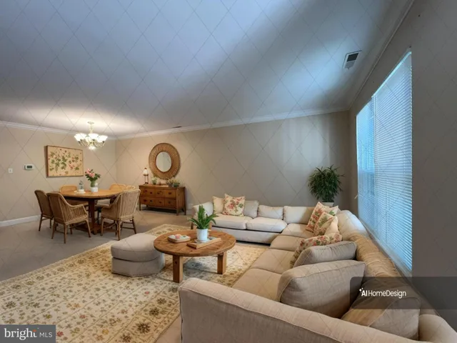 a living room with furniture and a table