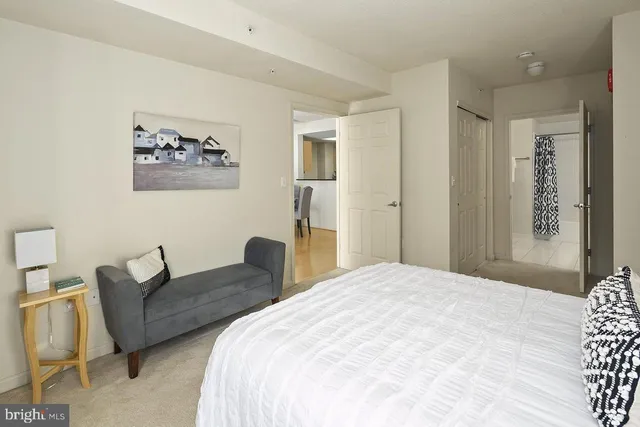 a bedroom with a bed and a couch