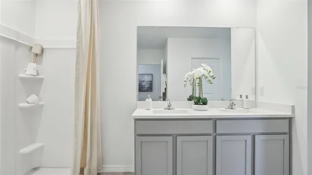 a bathroom with a double vanity sink and a mirror
