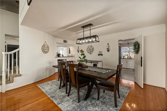 a view of a dining room with furniture