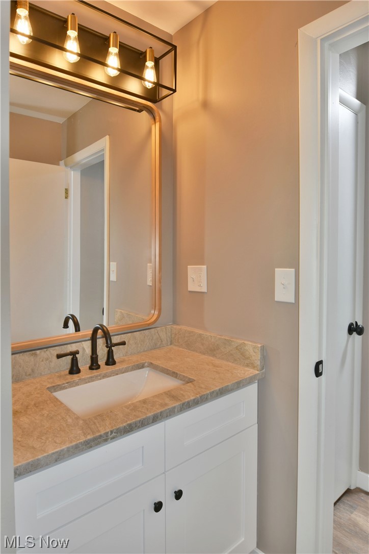 5480 Phillips Rice Road Cortland, OH 44410 - Photo 17 of 35 Bathroom with vanity, wood-type flooring, and mirror