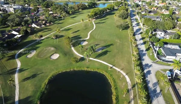 an aerial view of a swimming pool