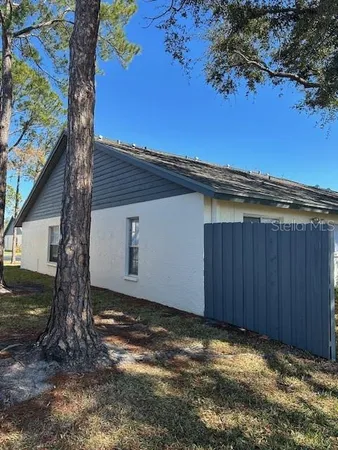 a view of a backyard with a tree