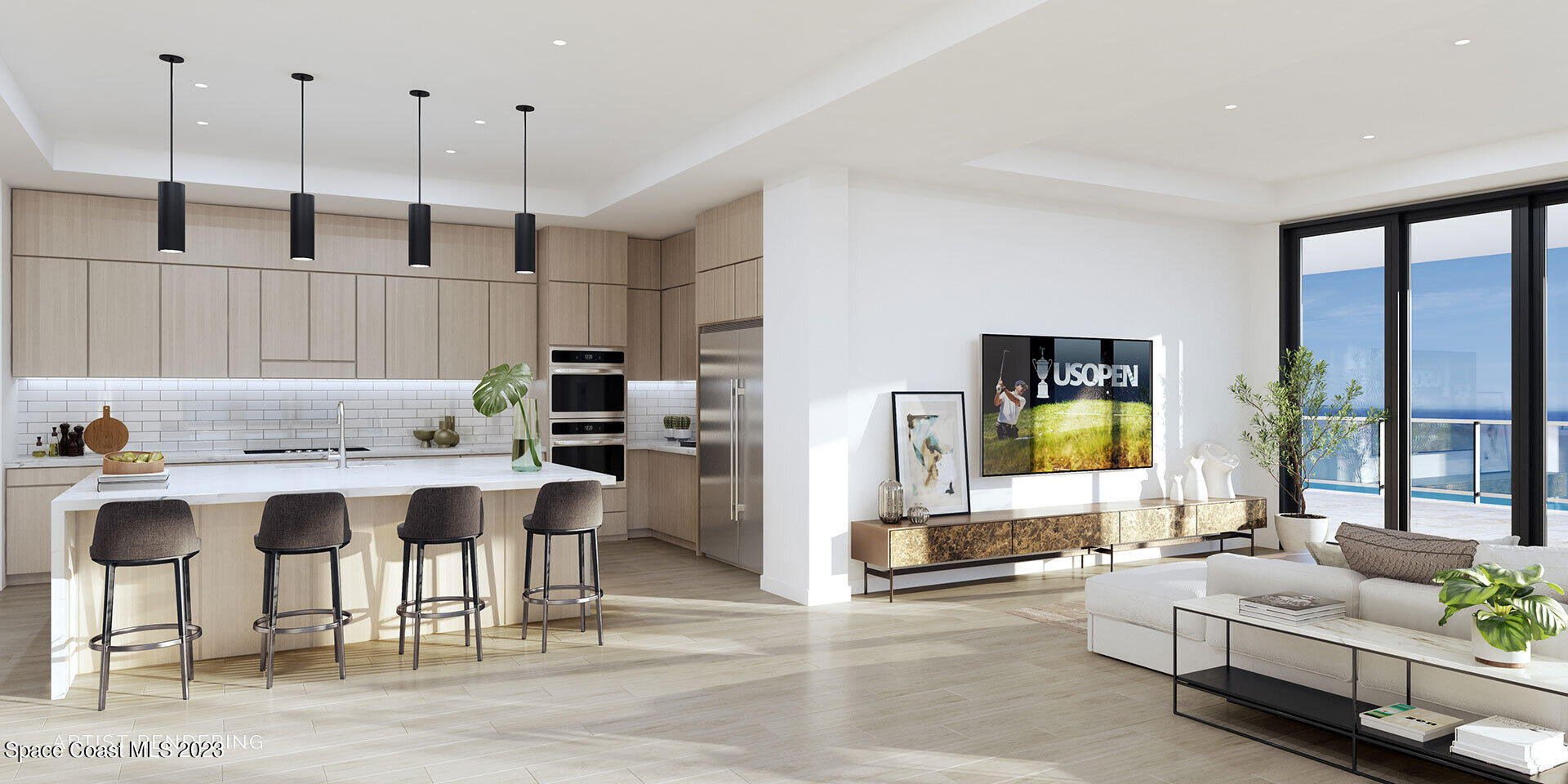 604 Highway A1a Satellite Beach, Unit 803 Satellite Beach, FL 32937 - Photo 9 of 18 a living room with stainless steel appliances kitchen island granite countertop furniture and a wooden floor