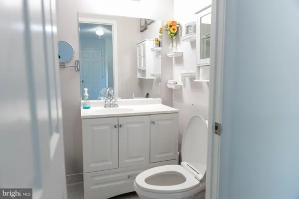 a bathroom with a sink a toilet and a mirror