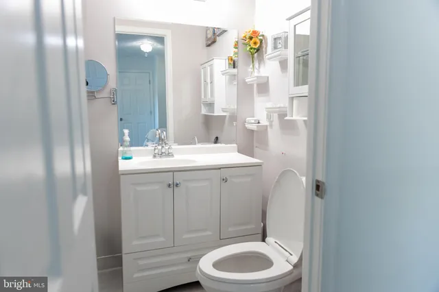 a bathroom with a sink a toilet and a mirror